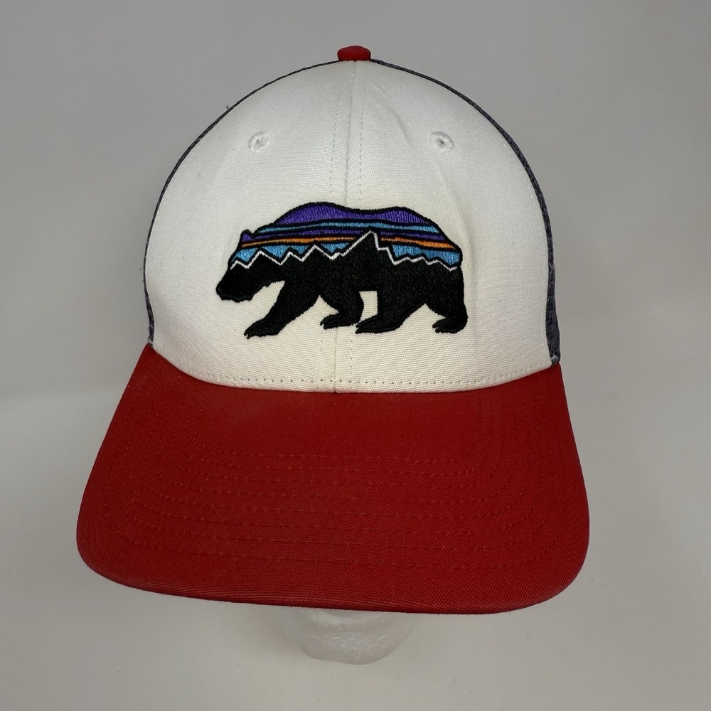 Patagonia Hat Cap Snap Back Red White Gray Mesh Trucker Embroidered Bear